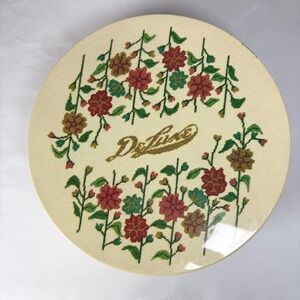 Vintage DeLuxe Round Floral Cross Stitch Pattern Metal Cookie Tin Storage Box